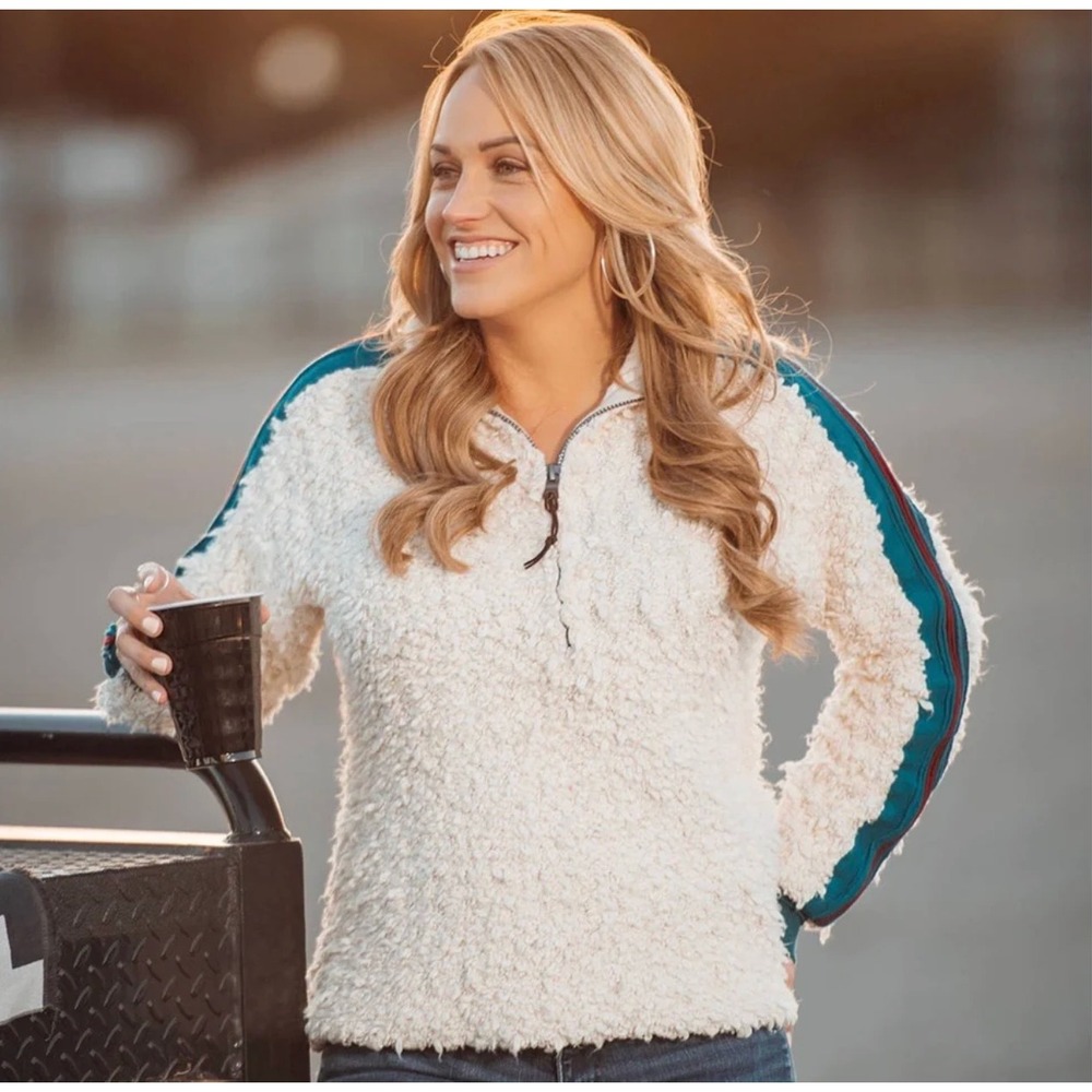 STS Ranchwear Cream Sherpa Quarter Zip Pullover Sweater‎ Womens L Western Texas